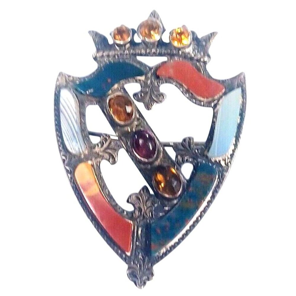 Victorian Sterling Silver Scottish Crest With Crown Agate Brooch Pin Circa 1890 - Picture 5 of 10